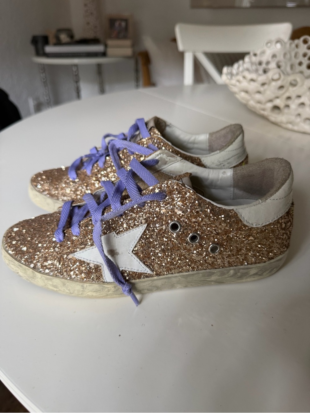 Golden Goose Glitter Super Star Sneakers with Purple Laces